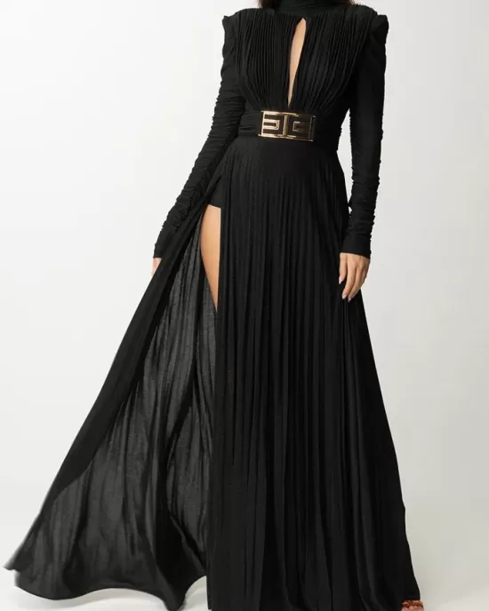 Long Sleeves Pleated Solid Color Split-Side V-Back High-Neck Evening Dresses Maxi Dresses