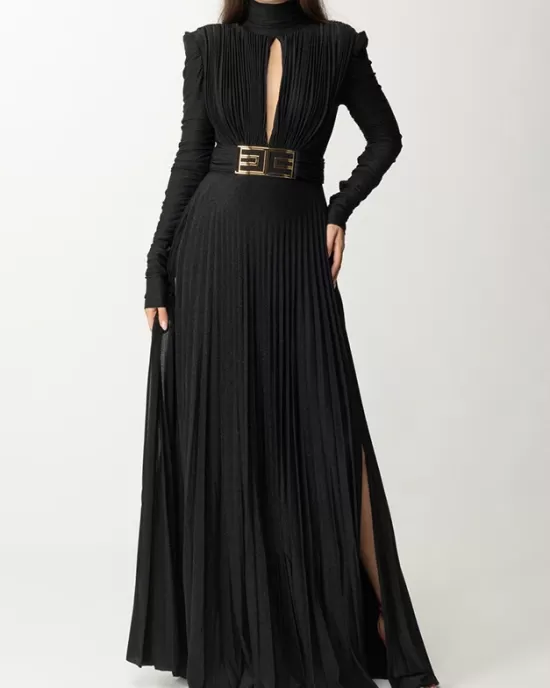 Long Sleeves Pleated Solid Color Split-Side V-Back High-Neck Evening Dresses Maxi Dresses