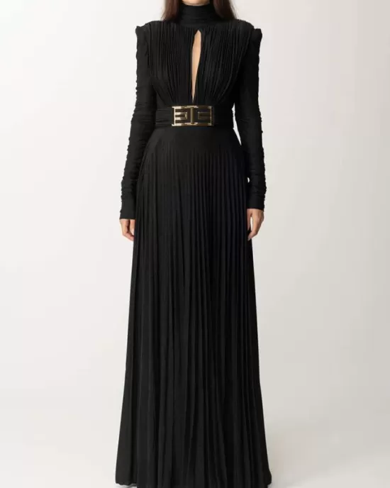 Long Sleeves Pleated Solid Color Split-Side V-Back High-Neck Evening Dresses Maxi Dresses