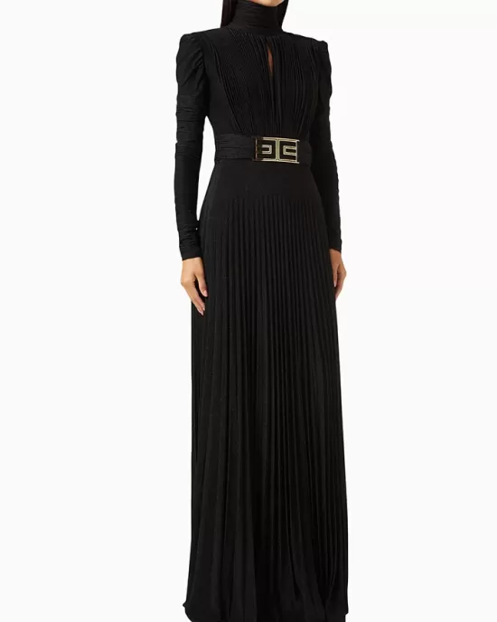 Long Sleeves Pleated Solid Color Split-Side V-Back High-Neck Evening Dresses Maxi Dresses