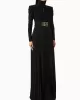 Long Sleeves Pleated Solid Color Split-Side V-Back High-Neck Evening Dresses Maxi Dresses