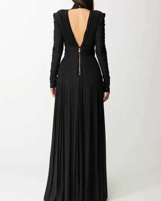 Long Sleeves Pleated Solid Color Split-Side V-Back High-Neck Evening Dresses Maxi Dresses