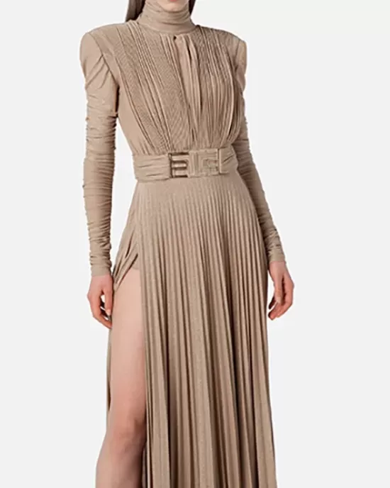 Long Sleeves Pleated Solid Color Split-Side V-Back High-Neck Evening Dresses Maxi Dresses