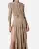 Long Sleeves Pleated Solid Color Split-Side V-Back High-Neck Evening Dresses Maxi Dresses