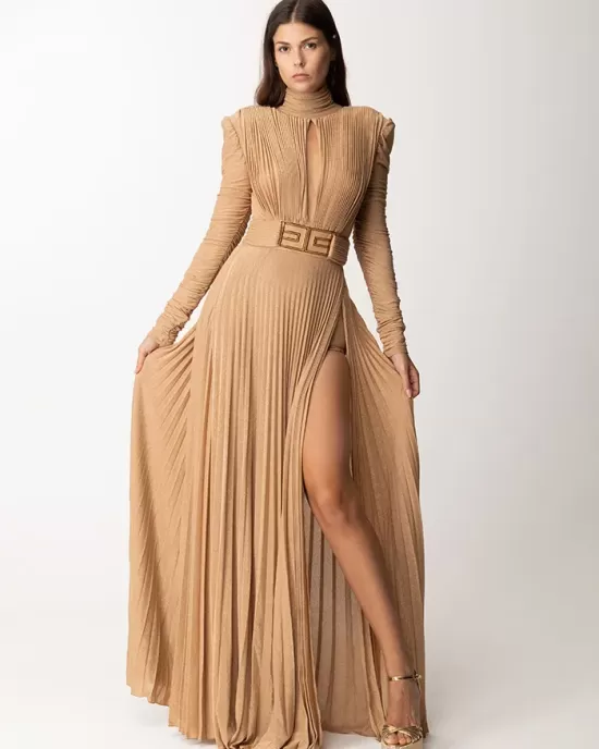 Long Sleeves Pleated Solid Color Split-Side V-Back High-Neck Evening Dresses Maxi Dresses