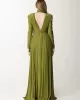 Long Sleeves Pleated Solid Color Split-Side V-Back High-Neck Evening Dresses Maxi Dresses