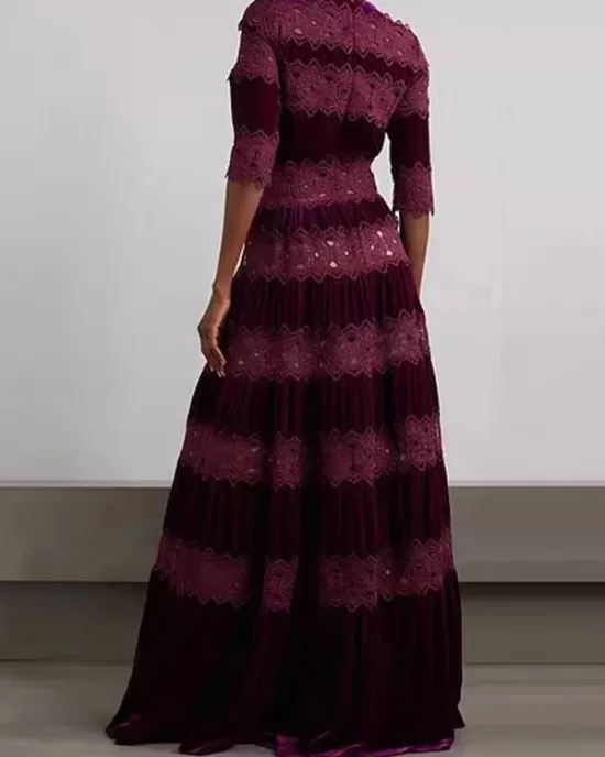 Embroidered Hollow Solid Color Split-Joint Half Sleeves High Waisted High Neck Maxi Dresses