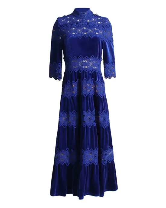 Embroidered Hollow Solid Color Split-Joint Half Sleeves High Waisted High Neck Maxi Dresses