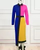 Asymmetric Buttoned Contrast Color Split-back High Waisted Long Sleeves Lapel Midi Dresses