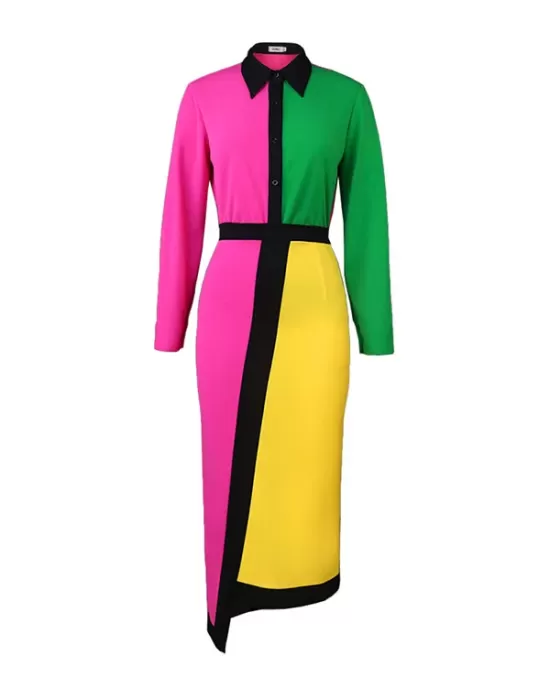 Asymmetric Buttoned Contrast Color Split-back High Waisted Long Sleeves Lapel Midi Dresses