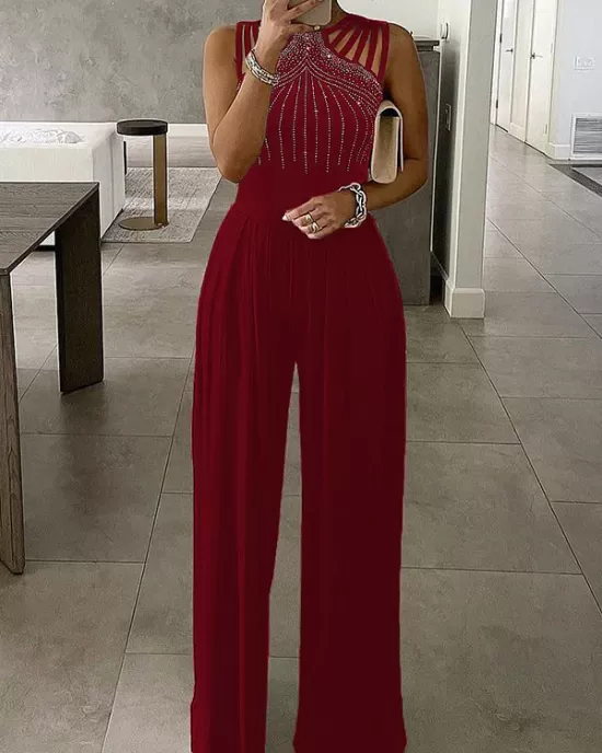 Hollow Rhinestone Sleeveless Wide Leg Jumpsuits