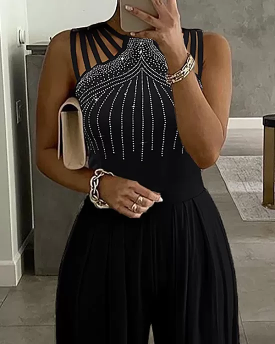 Hollow Rhinestone Sleeveless Wide Leg Jumpsuits