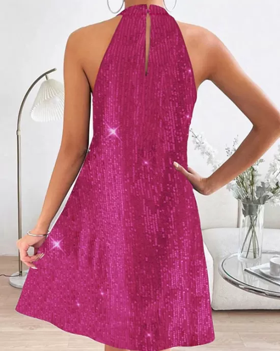 Hollow Sequined Solid Color A-Line Loose Halter-Neck Mini Dresses