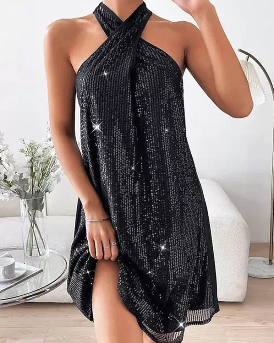 Hollow Sequined Solid Color A-Line Loose Halter-Neck Mini Dresses