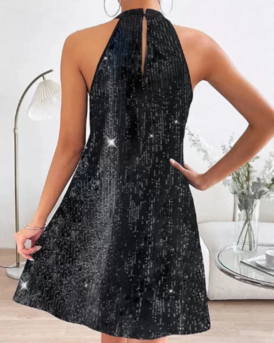 Hollow Sequined Solid Color A-Line Loose Halter-Neck Mini Dresses