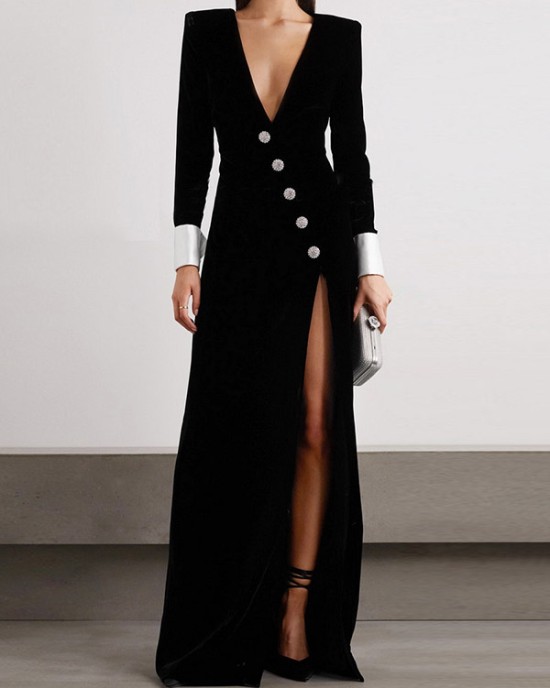 Asymmetric Buttoned Shoulder Pad Split-Front Long Sleeves Skinny Deep V-Neck Maxi Dresses