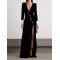 Asymmetric Buttoned Shoulder Pad Split-Front Long Sleeves Skinny Deep V-Neck Maxi Dresses