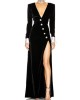 Asymmetric Buttoned Shoulder Pad Split-Front Long Sleeves Skinny Deep V-Neck Maxi Dresses