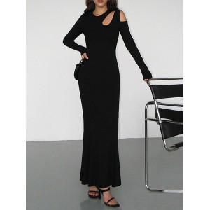 Hollow Solid Color Long Sleeves Skinny Cold Shoulder Maxi Dresses