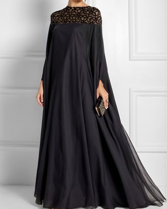 Batwing Sleeves Loose Jacquard See-Through Solid Color Split-Joint Three-Dimensional Flower Round-Neck Maxi Dresses