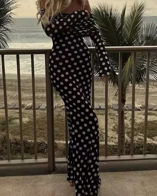 Pleated Polka-Dot Split-Joint Long Sleeves Skinny Tube Maxi Dresses