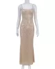 See-Through Sequined Split-Joint Bodycon Skinny Spaghetti-Neck Maxi Dresses