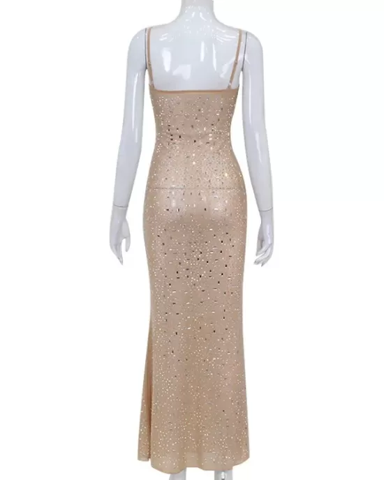 See-Through Sequined Split-Joint Bodycon Skinny Spaghetti-Neck Maxi Dresses