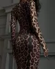 Leopard Printed Bodycon Long Sleeves Round-Neck Maxi Dresses