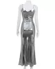 Shiny Solid Color Split-Joint Sleeveless Spaghetti-Neck Maxi Dresses