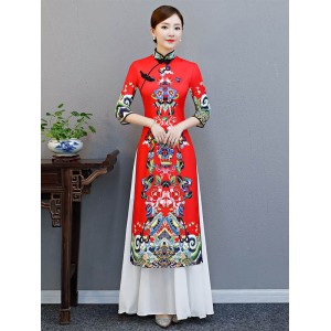 Red Split-Joint Seven-Quarter Sleeves Ao Dai Long Cheongsams