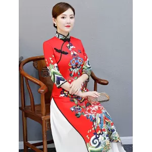 Red Split-Joint Seven-Quarter Sleeves Ao Dai Long Cheongsams