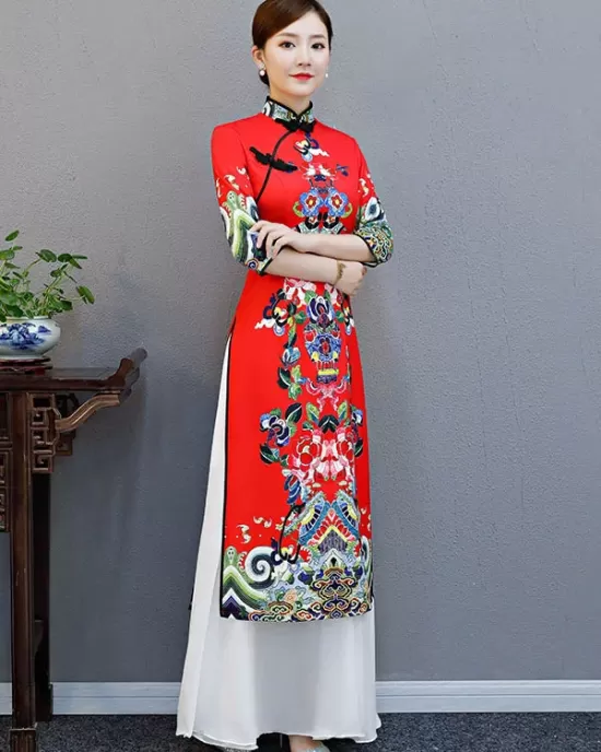 Red Split-Joint Seven-Quarter Sleeves Ao Dai Long Cheongsams