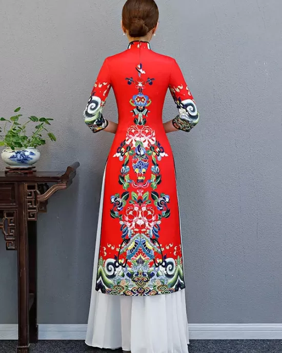 Red Split-Joint Seven-Quarter Sleeves Ao Dai Long Cheongsams