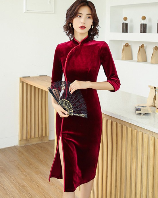 Solid Color Velvet Banquet Split-Side Long Cheongsams