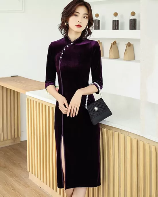 Solid Color Velvet Banquet Split-Side Long Cheongsams