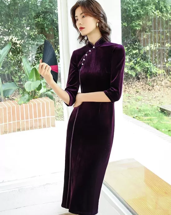 Solid Color Velvet Banquet Split-Side Long Cheongsams