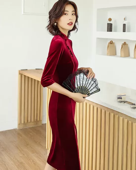 Solid Color Velvet Banquet Split-Side Long Cheongsams