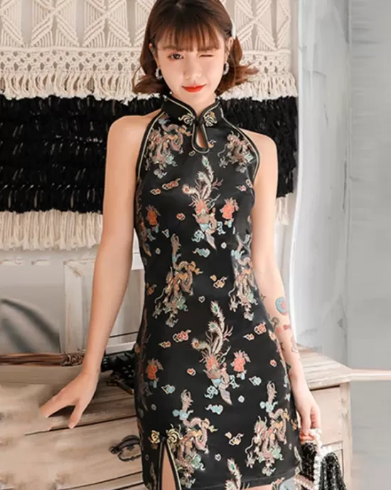 Original Floral Printed Stand Collar Sleeveless Short Cheongsams