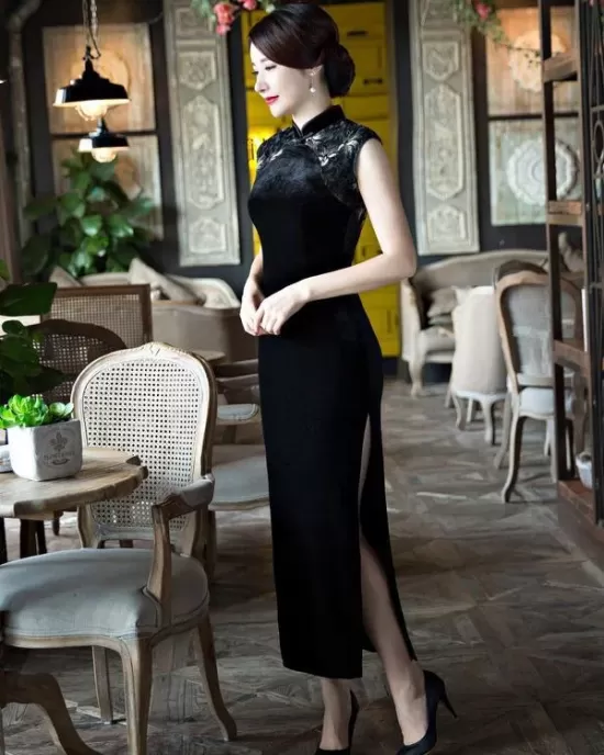 Black Velvet Lace Long Cheongsam Dress