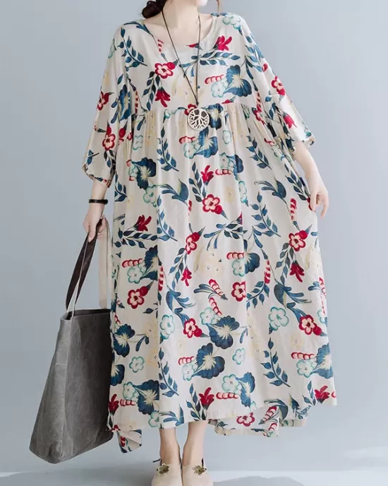 Casual Floral Printed Split-Joint Round-Neck Flared Batwing Sleeves Loose Maxi Dress