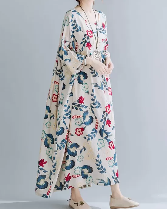 Casual Floral Printed Split-Joint Round-Neck Flared Batwing Sleeves Loose Maxi Dress