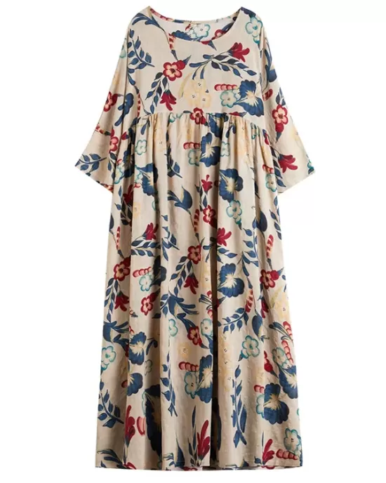 Casual Floral Printed Split-Joint Round-Neck Flared Batwing Sleeves Loose Maxi Dress