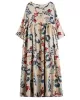 Casual Floral Printed Split-Joint Round-Neck Flared Batwing Sleeves Loose Maxi Dress