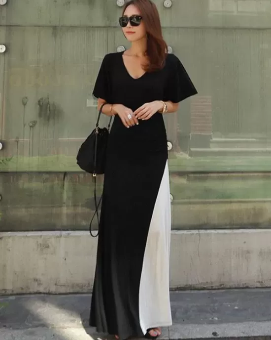 Black&White Split-joint V-neck Long Dress