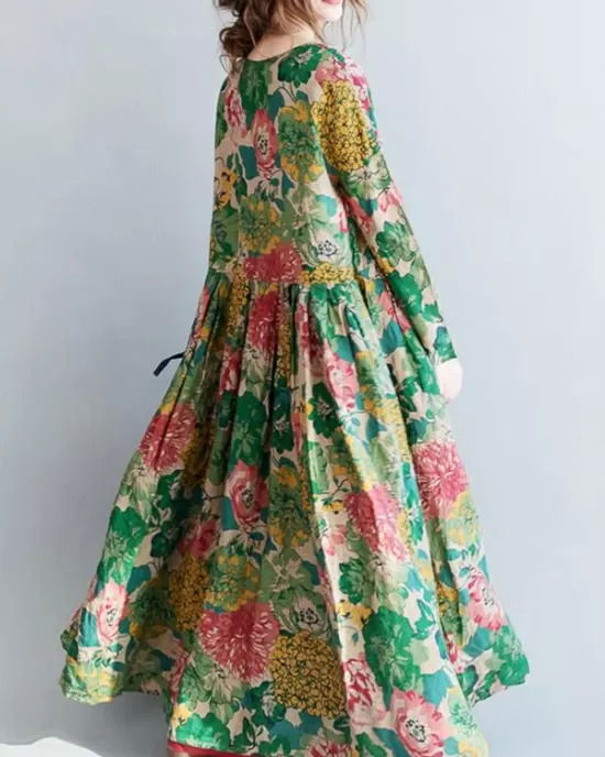 National Style Flower Printed Long Dress