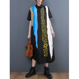 Artistic Retro Short Sleeves Loose Contrast Color Polka-Dot Lapel Collar Midi Shirt Dress