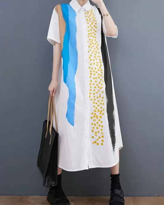 Artistic Retro Short Sleeves Loose Contrast Color Polka-Dot Lapel Collar Midi Shirt Dress