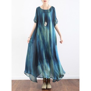 Artistic Retro 2 Pieces Printed Round-Neck Loose Maxi Dress