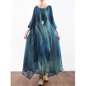 Artistic Retro 2 Pieces Printed Round-Neck Loose Maxi Dress