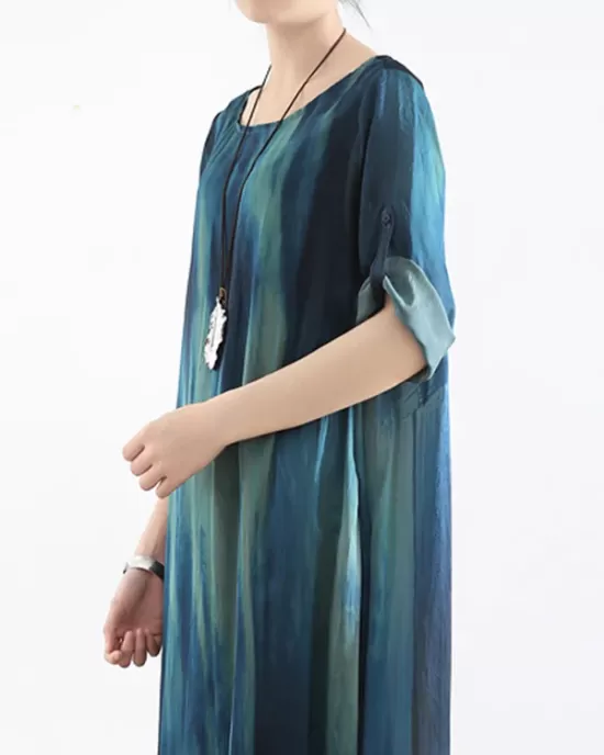 Artistic Retro 2 Pieces Printed Round-Neck Loose Maxi Dress